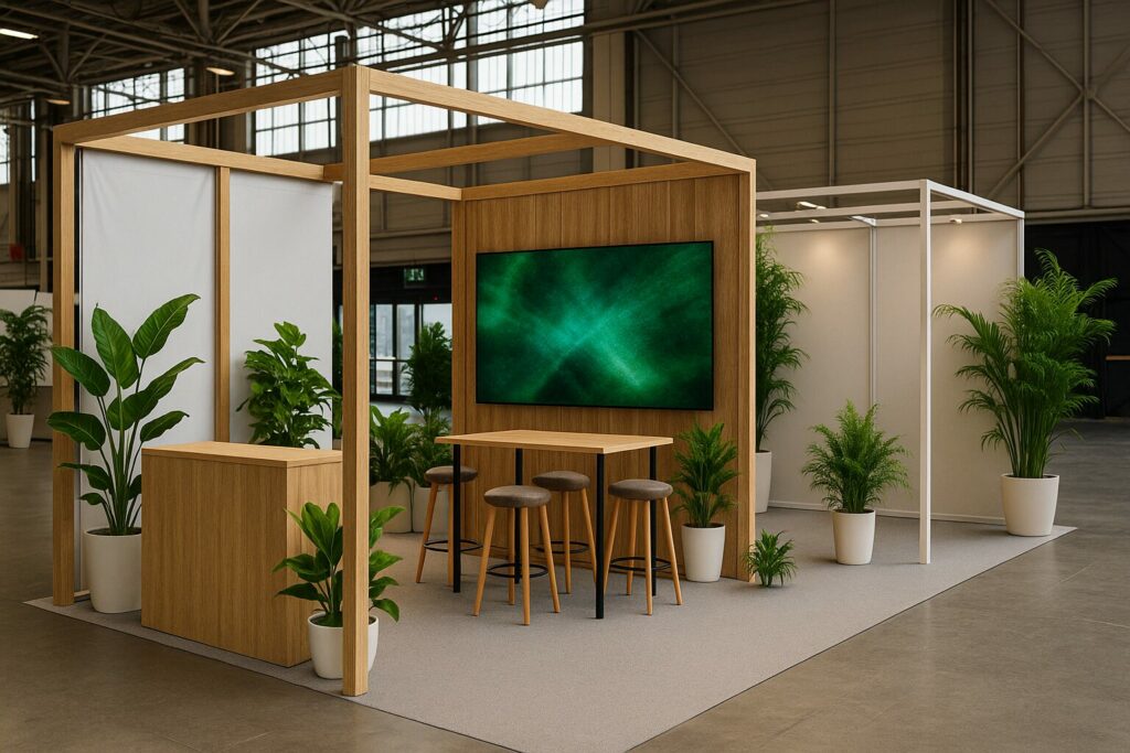 Stand tendance 2025 structure bois alliant la technologie et les végétaux